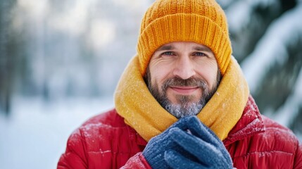 Warm Smiles in a Cozy Red Jacket and Bright Yellow Beanie in Winter Scene