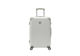 Modern white hardshell suitcase with retractable handle and wheels isolated on transparent background