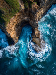Stunning view over coastal cliffs revealing natural formations and crashing waves at sunset near the ocean