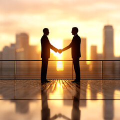 Two business professionals shaking hands at sunset with city skyline in the background reflection