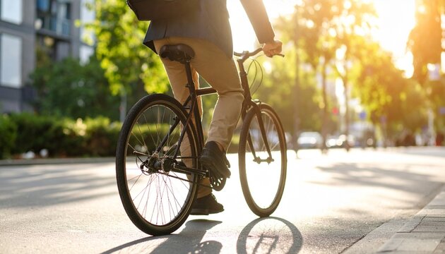 A person riding a bicycle on a city street, sunlight highlighting the scene.