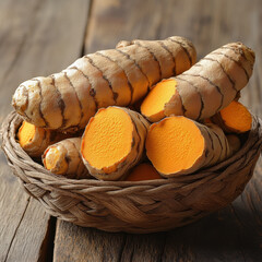 turmeric roots in the basket on wooden table on white 