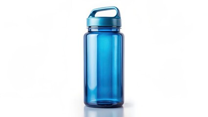 A blue reusable water bottle with a handle on the lid, placed against a white background.