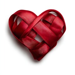 Elegant red ribbon heart clipart with realistic texture and soft shadows, isolated on transparent background for romantic design use.