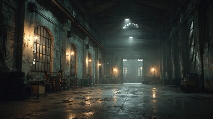Abandoned Industrial Warehouse Interior with Dim Lighting and Shadows