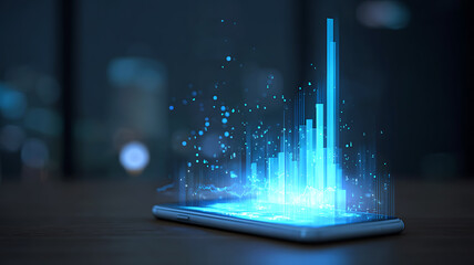 Futuristic smartphone projecting holographic city skyline with glowing data and digital elements
