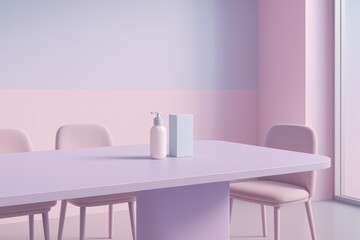 Product Display on Lavender Conference Table – Pastel Interior Scene