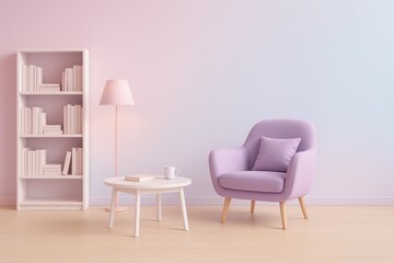 Living Room with Lavender Armchair and Bookcase – Cozy Pastel Interior