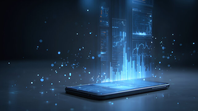 Futuristic smartphone projecting holographic city skyline with glowing data and digital elements