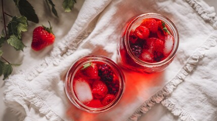 Iced Hibiscus Tea with Fresh Berries in Mason Jars