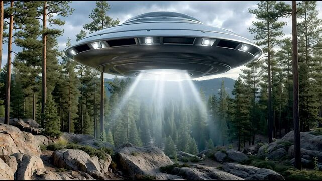 UFO flying saucer hovering over rocky forest terrain with bright beams of light shining down through tall pine trees under cloudy sky creating mysterious futuristic scene