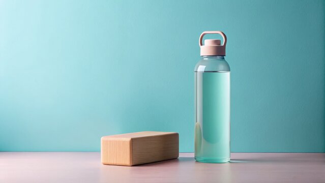 A clear water bottle with a pink lid stands beside a wooden yoga block on a light surface against a teal wall. - Powered by Adobe