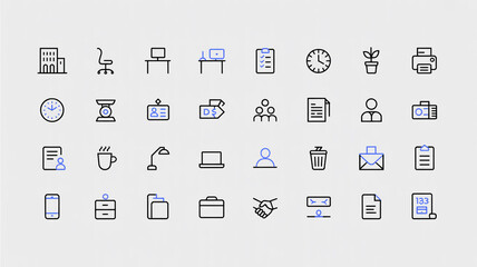 Minimalist Line Art Office Icons – Clean Grid Layout