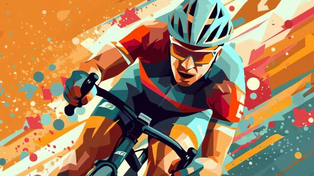 Cyclist pedaling fast with colorful abstract background, illustrative video, colorful paint splashes