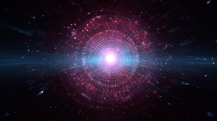 Futuristic glowing portal with red and purple energy particles in space, sci-fi light explosion

