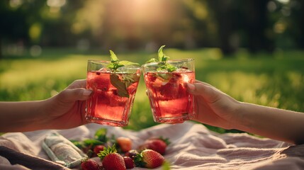 Two hands holding clinking glasses of strawberry lemonade with mint