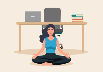 Business woman worker meditation. Vector illustration. Business female worker yoga, lotus meditation manager in cabinet, boss relax