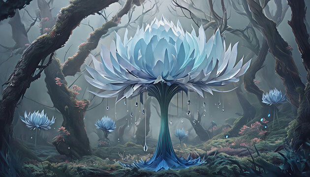 foresta fiabesca e magica in cui fiorisce un gigantesco fiore di loto dai petali luminosi, a fairy-tale and magical forest where a gigantic lotus flower with glowing petals blooms