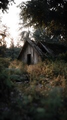An abandoned and dilapidated rural shed in a lush overgrown field