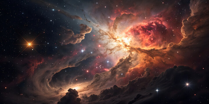 Dramatic red and orange nebula with billowing gas clouds, bright stars, and cosmic dust creating fiery celestial landscape.