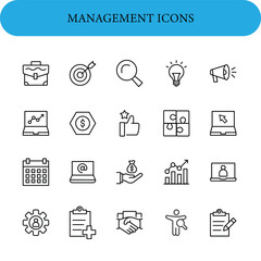 Management icon collection. Vector illustrator.  Includes symbols like a briefcase, target, magnifying glass, light bulb, megaphone, graph, hexagon with dollar sign, thumbs up, puzzle piecest.