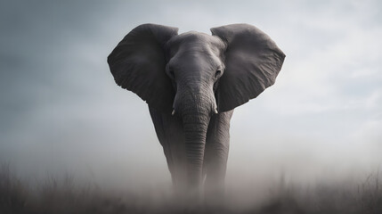 A majestic elephant stands tall in the savanna, its ears wide and trunk gently lowered, embodying strength, wisdom, and the quiet power of wildlife in its natural habitat.
