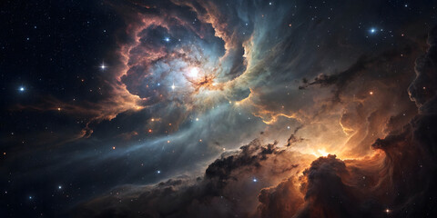 Obraz premium Central bright core with radiating gas clouds, blue and orange colors, and stellar formations creating dramatic cosmic explosion.