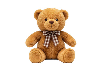 Obraz premium A fluffy brown teddy bear with a checkered bow isolated on transparent background