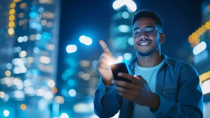 Smiling Man Interacting with a Smartphone at Night in a City. - Powered by Adobe