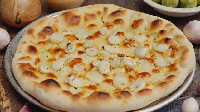 Deep-fried flatbread, Close-up of l&aacute;ngos with cheese and garlic, Warm golden hues, Bright sunlight, Crispy and savory
