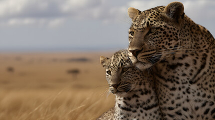 Photograph of two leopards in the savanna hugging affectionately, showcasing the beauty of wildlife bonding and emotional connection in their natural habitat under warm daylight.
