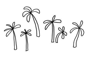 Funny sketch with palm trees on isolated background. Hand drawn seascape with tropical trees, sand in line art. Vector illustration simple doodle with exotic landscape. Design element for banner, card