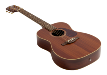 Acoustic guitar with rich wood finish and gold tuning pegs isolated on transparent background