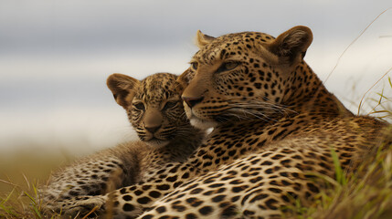 Photograph of two leopards in the savanna hugging affectionately, showcasing the beauty of wildlife bonding and emotional connection in their natural habitat under warm daylight.
