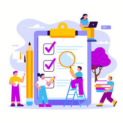 Land surveyor team checklist completion using diverse tools. Suitable for construction, real estate, and engineering industry designs.