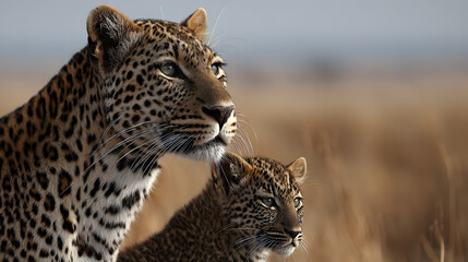 Photograph of two leopards in the savanna hugging affectionately, showcasing the beauty of wildlife bonding and emotional connection in their natural habitat under warm daylight.
