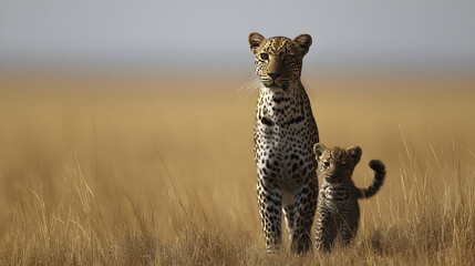 Photograph of two leopards in the savanna hugging affectionately, showcasing the beauty of wildlife bonding and emotional connection in their natural habitat under warm daylight.

