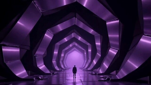 A person stands in a futuristic, elongated tunnel illuminated with vibrant purple lights and angular metallic structures.