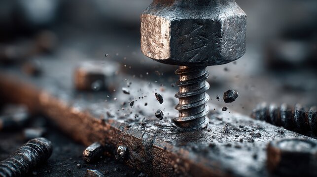 Close-Up of Metal Screw Engaging with Wooden Surface in Workshop