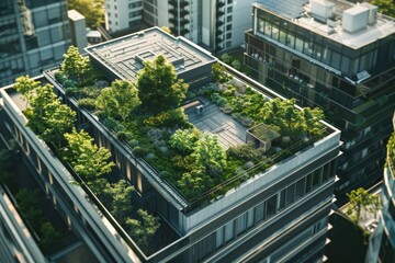 Flawless Image of Aerial View of a Rooftop Garden on Top of a Building in the City