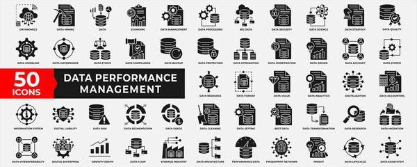 Data Performance Management icon collection set. Containing database, performance, management, big data, data mining, quality, process, data, document, strategy and analysis. Simple solid Vector.  