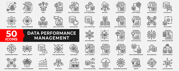 Data Performance Management icon collection set. Containing database, performance, management, big data, data mining, quality, process, data, document, strategy and analysis. Simple line Vector .  