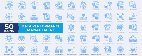 Data Performance Management icon collection set. Containing database, performance, management, big data, data mining, quality, process, data, document, strategy and analysis. Simple blue Vector.  