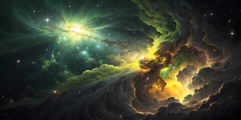 Vibrant nebula featuring emerald green and golden yellow gases with dramatic cloud formations and stellar illumination throughout