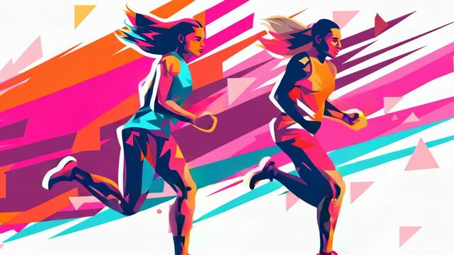 Female athletes sprinting, wearing vibrant sportswear against geometric white backdrop, illustrative video with paint splashes