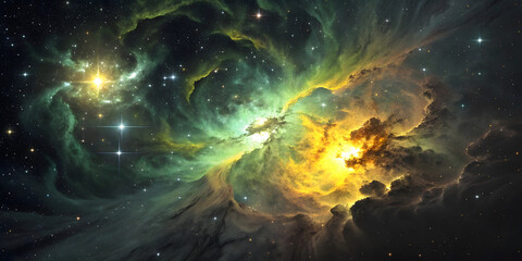 Cosmic nebula displaying brilliant green and amber hues with intricate gas structures and bright stellar formations embedded © AP Backgrounds