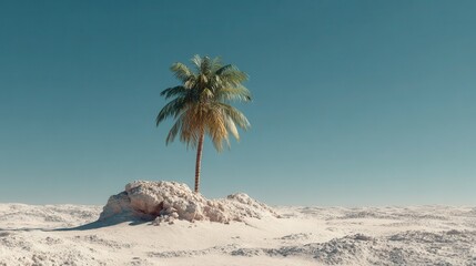 Isolated Palm Tree on Sandy Desert Landscape Under Clear Sky