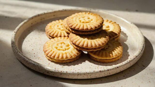 Dutch spiced cookies, Close-up of crunchy speculoos cookies stacked on a plate, Warm brown and golden tones, afternoon light, Sweet and spicy
