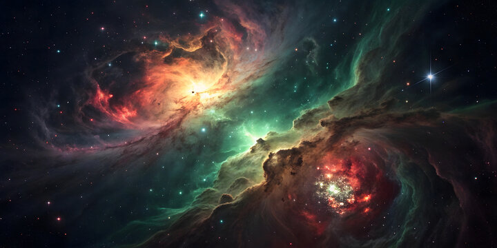 Dynamic nebula showing red, green, and orange gases in turbulent motion with bright stars and complex cloud structures