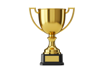 Shiny golden trophy with handles and black base isolated on transparent background